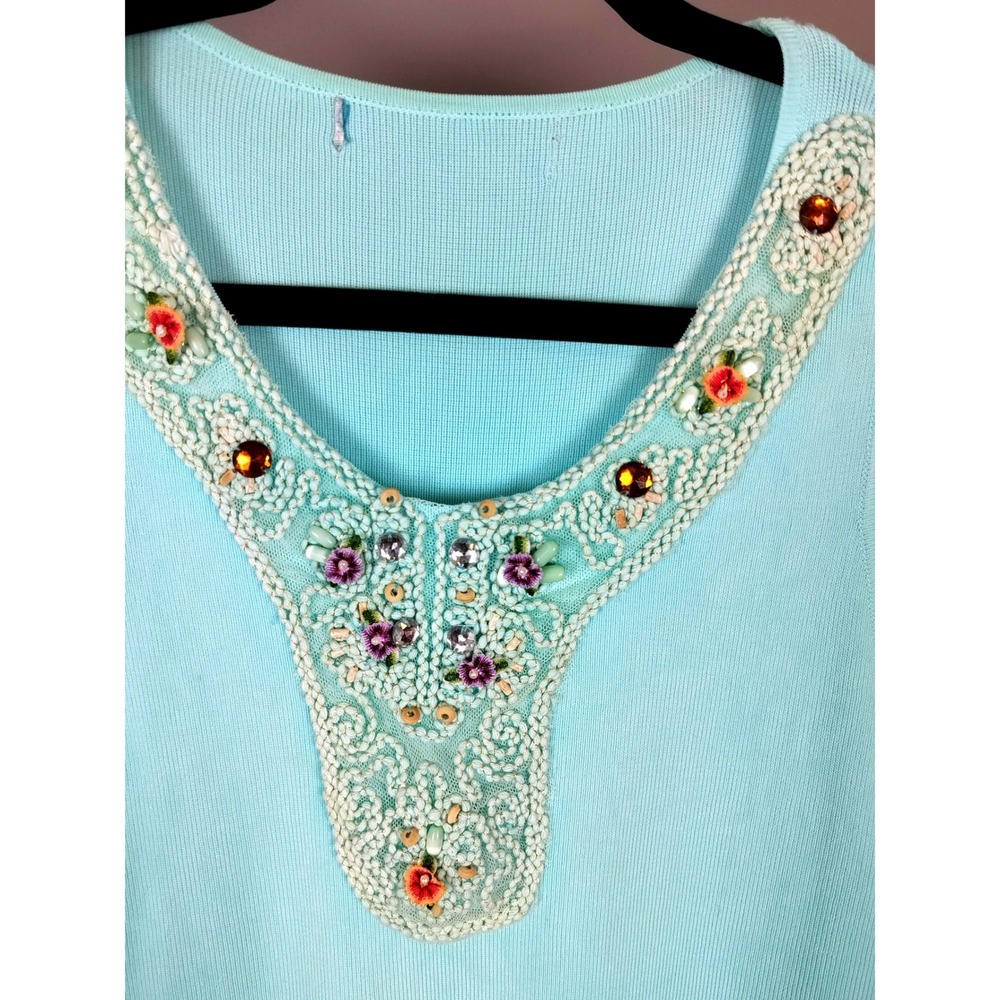 Vintage Silk Blend Crochet Embroidered Beaded Ribbed Knit Tank Top Womens Aqua - Picture 2 of 9